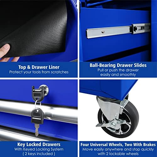 Olympia Tools 5-Drawer Tool Chest, 27-Inch Rolling Metal Tool Storage Cabinet with Casters, Locking System, Drawer Liner, 600 lbs Load Capacity, Blue