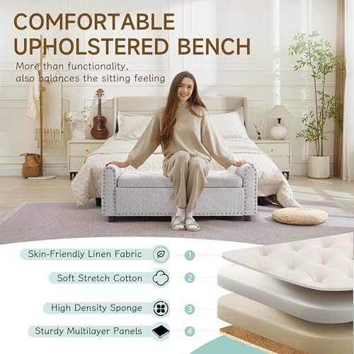 Ottoman with Storage, Tufted Storage Bench for Bedroom, 48" Fabrics End of Bed Bench, Upholstered Entryway Shoe Benches with Rolled Arm & Inner Zipper, Window Ottomans Chest with Rivets, Light Grey
