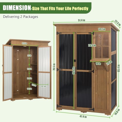 Outdoor Storage Cabinet, 51.4" W x 22.5" D x 70.5" H Tall Wood & Metal Garden Tool Shed with Fold-Out Table, 3 Fixed Shelves, Lockable Doors, Asphalt Roof for Patio, Backyard, Garage