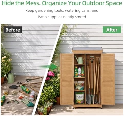68'' Outdoor Storage Cabinet, Wooden Garden Tool Cabinet with Metal Top
