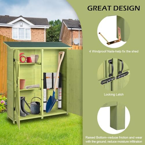 VINGLI Upgraded Outdoor Wooden Storage Shed, Extra Large Garden Shed Outside Tool Cabinet with 2 Safety Latches, Patio Storage Organizer for Garden Yard Lawn Equipment, Light Green