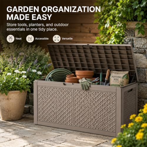 Outdoor Storage Box Resin Deck Box Waterproof Gray Petal 126 Gallon