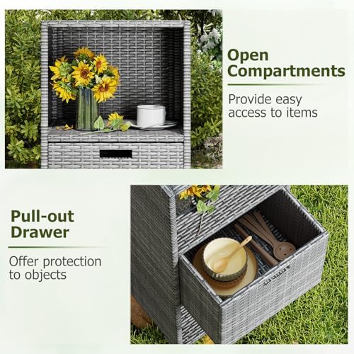 HAPPYGRILL Outdoor Storage Cabinet PE Rattan Wicker Storage Shed Organizer with Shelves Drawer, for Patio Porch, Garden, Backyard and Poolside (Mix Grey)