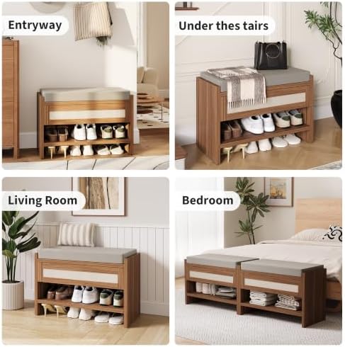 Garvee 31" L Farmhouse Shoe Bench with Storage Drawer & Linen Cushion