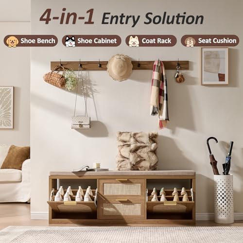 Rattan Narrow Entryway Bench with Shoe Storage, 4 Drawers & Coat Rack, Mid-Century Modern Wood Shoe Cabinet with Seat Cushion for Foyer/Hallway (Rustic Oak Rattan)