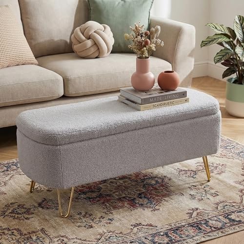 End of Bed Storage Bench for Bedroom, Small Boucle Storage Ottoman for Living Room Entryway, Teddy Fabric Upholstered Under Window Bench, Gold Legs, Grey