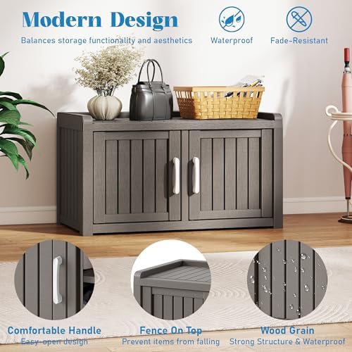 2-Tier Storage Bench, Waterproof UV-Resistant Outdoor Shoe Storage Cabinet with 2 Doors & Adjustable Shelves for Indoor Outdoor Entryway, Hallway, Living Room (Grey)