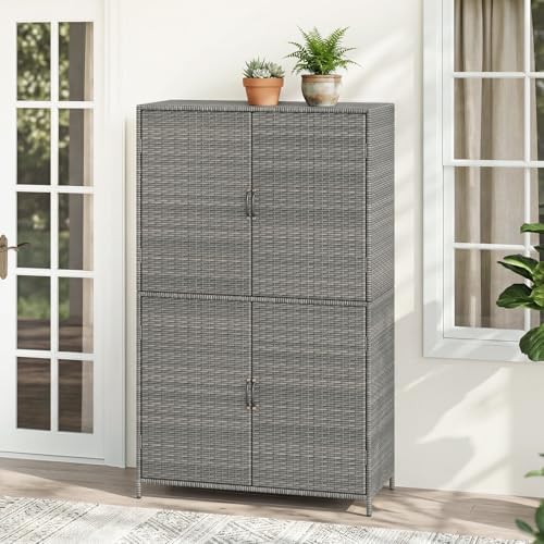 Tangkula Rattan Outdoor Storage Cabinet, Patiojoy Outdoor Cabinet with 2 Adjustable Shelves, 4 Doors, Patio Storage Deck Box Table for Patio Garden Poolside