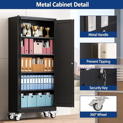 Ckzbx Metal Garage Storage Cabinet with Locking Doors and Adjustable Shelves,71" H Rolling Tool Storage with Wheels for Garage,Office (Black)
