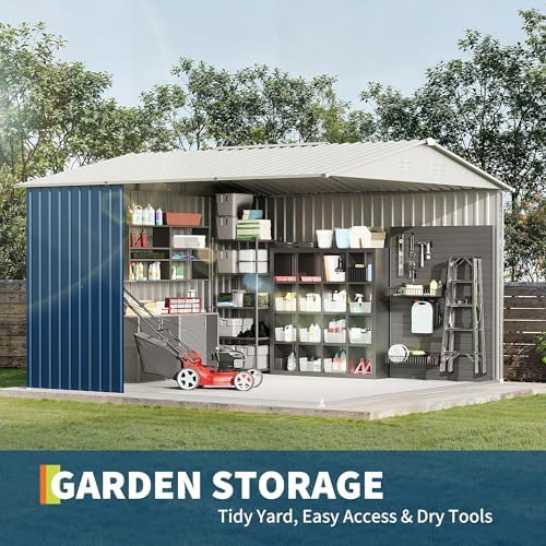 Garvee 10x10 FT Metal Storage Shed – Lockable Doors, Floor Frame, Blue