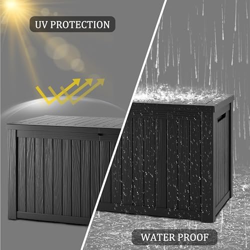 Outdoor Storage Box, 150 Gallon Waterproof Deck Box, Piston-Assisted Resin Trunk for Sectional Sofa Cushions, High-Capacity Lockable Double Storage Bench, Patio Lounge, Black