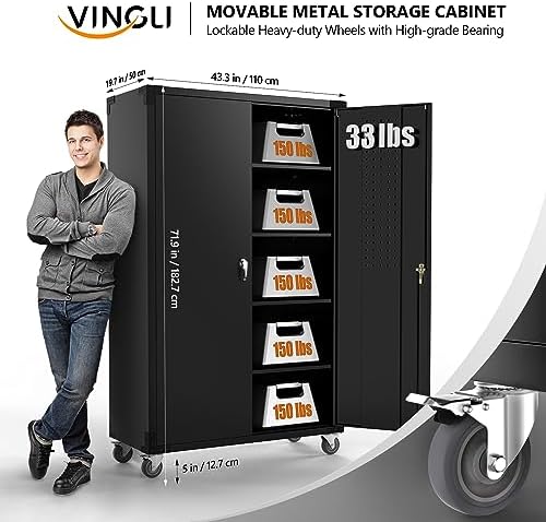 VINGLI Upgraded Wide & Deep Garage Storage Cabinet, Metal Storage Cabinet with Pegboards, Wheels, Locking Doors and Adjustable Shelves (Black, 43''W x 20''D x 72''H)