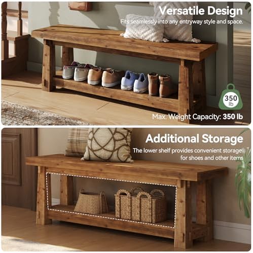Solid Wood Entryway Bench, 55" Rustic Bench Seat with Shoe Storage, 350 LB