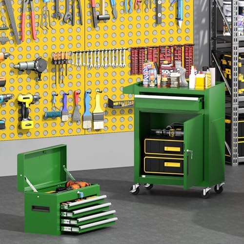 Greenvelly 5-Drawer Tool Chest with Wheels, Pre-Assembled Rolling Tool Chest, Detachable Top Tool Box, Lockable Design, Comes with Drawer Liners & Side Hooks for Garage Workshop Repair Room (Green)