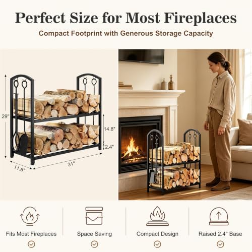 FEED GARDEN Firewood Rack with 4-Piece Fireplace Tools, Indoor Outdoor
