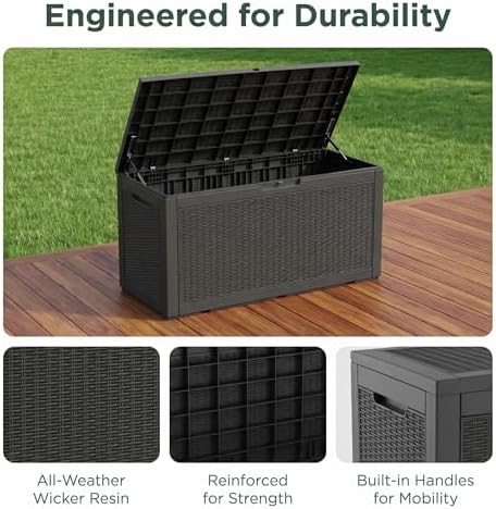 100 Gallon Deck Box, Waterproof Resin Rattan Outdoor Storage Box Lockable for Patio Furniture, Fade Resistant Patio Side Table & Organizer for Garden Tools, Pool Float, Outdoor Cushions, Black