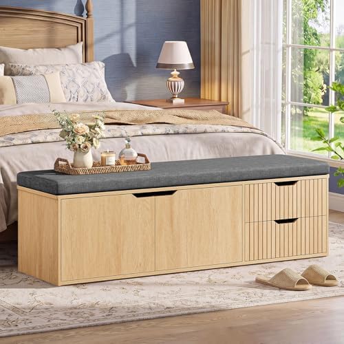 59" Storage Bench with Drawer, 2-Tier Shoe Bench with Storage, Long Entryway Bench, Thickened Cushion, Adjustable Shelf, Fluted Design for Entryway, Bedroom, Living Room, Natural