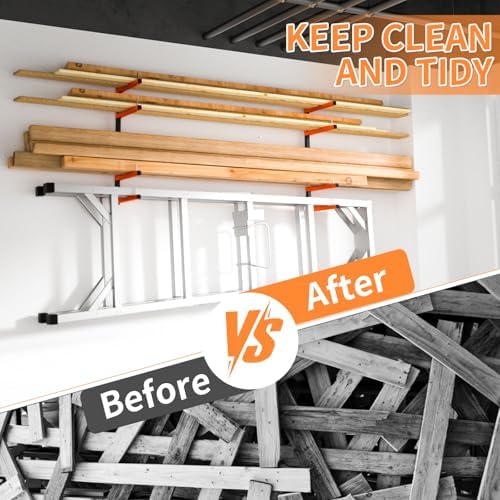 2 Pack Lumber Storage Rack, Wall Mount Foldable & Adjustable Lumber Rack with 4-Level Holds Up 520 Lbs, Heavy Duty Metal Garage Wood Rack for Workshop, Basement, Indoor and Outdoor