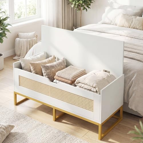 Giantex Rattan Shoe Bench, Flip-Top Entryway Bench with Removable Padded Seat & Hidden Storage, Wooden Shoe Storage Chest with Metal Legs for Bedroom, Hallway, 440 lbs Max Load (White & Gold)