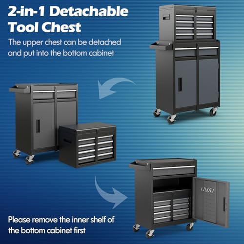 Goplus Tool Chest, 5-Drawer Rolling Cabinet with Detachable Top Toolbox, Lockable Wheels, Lock Bar, Protective Liner & Tool Rack, Metal Storage Cart for Garage Workshop