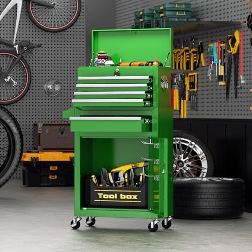Oakcloud Heavy-Duty 5-Drawer Rolling Tool Chest & Cabinet Combo with Black Liner – Lockable Steel Garage Tool Box on Wheels – Detachable Top Toolbox & Bottom Storage Cart with Side Hooks, Green