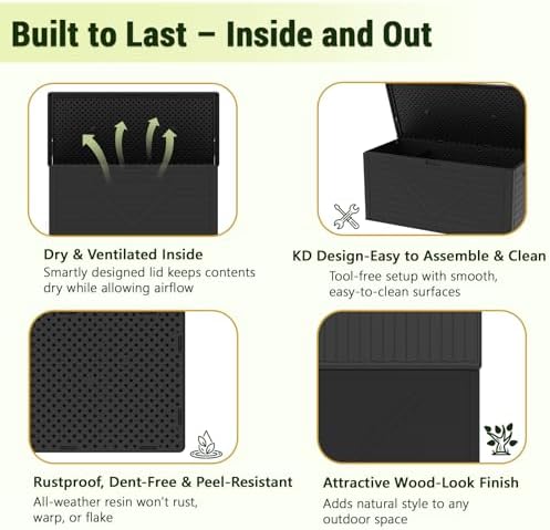 260 Gallon PRO Outdoor Storage Box Waterproof Lockable Resin Deck Box Large, Patio Storage Bin for Pool Accessories Cushion Furniture, Garden Tools, UV-Resistant Outside Delivery Black