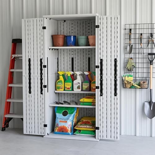 ZYJOYY Outdoor Storage Cabinet with 4 Shelves, 31.5" x 23.23" x 66.22" White Waterproof Resin Vertical Tool Shed, Lockable 30 cu.ft. Storage Shed for Patio, Garden, Yard
