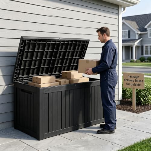 MAKINO 198 Gallon Large Resin Outdoor Storage Box, Waterproof Deck Box, Lockable Deck Container with Reinforced Support, Outdoor Chest for Patio Accessories, Outdoor Cushions, Garden Tools, Black