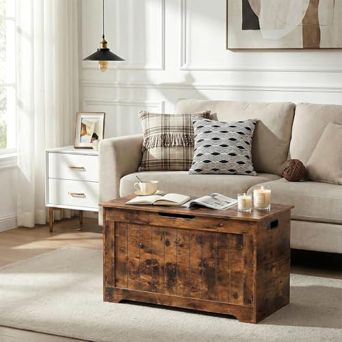 SUPER DEAL Storage Chest, 30 inches Chest Box Organizer with 2 Safety Hinges, Wooden Entryway Storage Bench, Rustic Brown