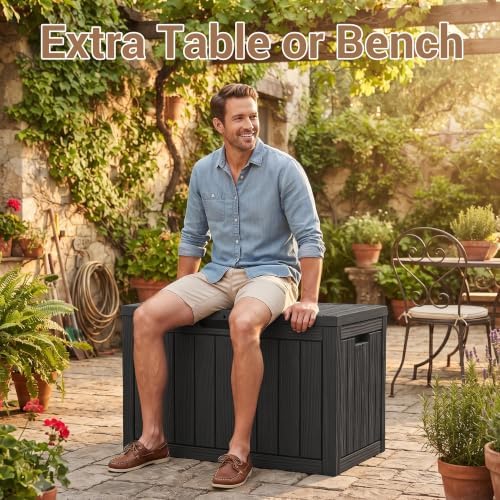 DRATO 60Gal Weatherproof Resin Deck Box, Black Lockable Outdoor Storage Bin