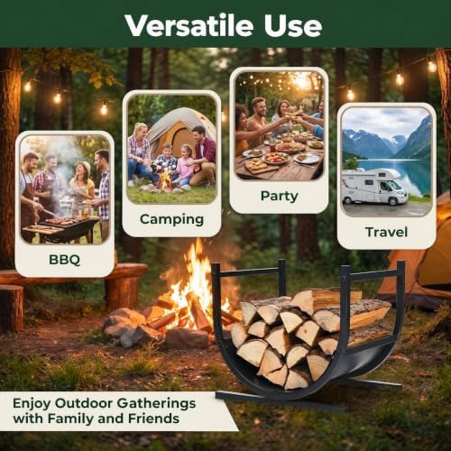 Goplus Firewood Rack, 17” U-Shaped Heavy-Duty Iron Log Rack with Stable Base & Carrying Holder, Indoor & Outdoor Decorative Wood Stacking Holder, Easy Set Up