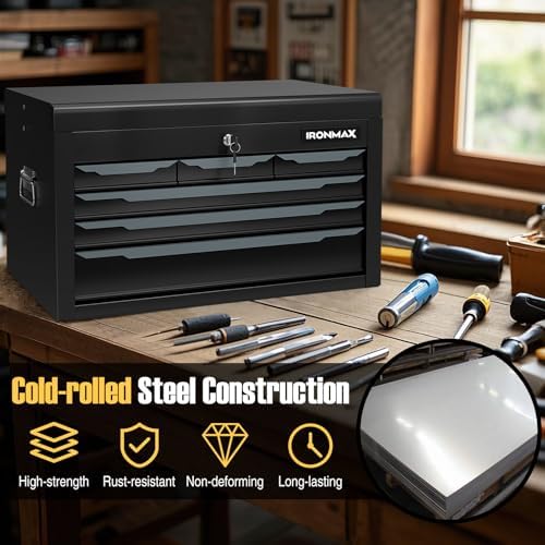 Tool Box, 6-Drawer Steel Tool Chest with Top Storage Automatic Lock & EVA Liner, Portable Tool Storage Organizer for Repair Shop Garage Warehouse (Black)
