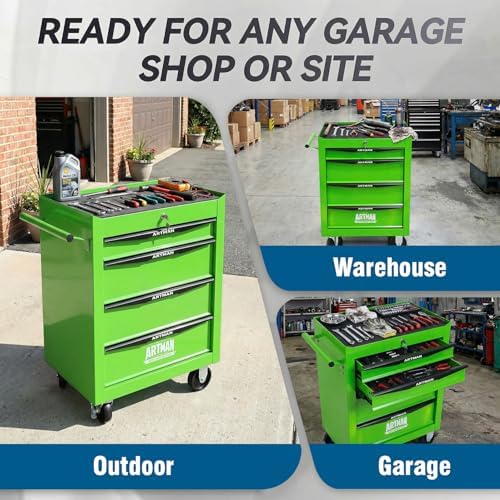 4-Drawer Rolling Tool Chest - Heavy Duty Tool Storage Cabinet with Lockable Wheels & Drawer Liners, Tool Cart with Key Lock,Tool Organizer Box for Garage, Warehouse & Repair Shop (Green)