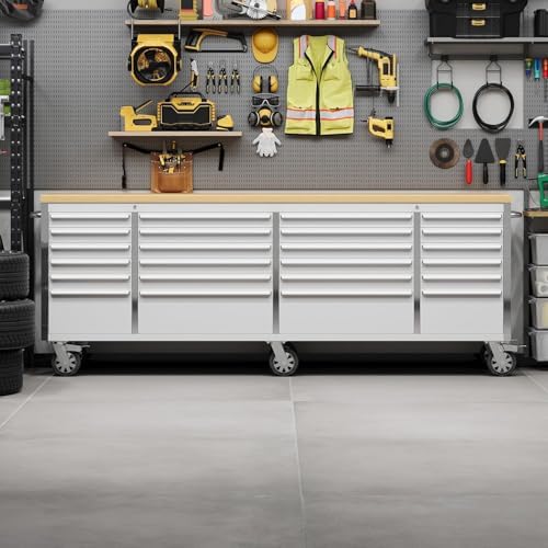 Rolling Tool Chest with Power Strip & Rubber Wood Top - 96 Inch Garage Workbench, Drawer Storage Cabinet Tool Box, Mobile Workstation