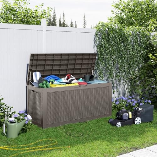 ROJIK 125 Gallon Waterproof Outdoor Deck Storage Box, Lockable Resin Patio Storage Bin with Lid for Garden Tools, Patio Cushions & Outdoor Accessories (Grey)