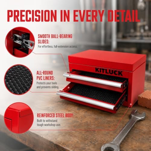 KITLUCK Mini Metal Tool Box, 2-Drawer Top Chest with Ball Bearing Slides, PVC Linerst, Durable Cold Rolled Steel Small Tool Organizer for DIY Home Office Multi-Purpose Storage,Red