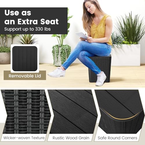 GIANTEX 11.5 Gallon Deck Box, Outdoor Side Table with Removable Lid, Faux Wicker-Woven, 330Lbs Capacity, Outside Waterproof Storage Box, Resin Rattan Small Coffee Table for Patio Poolside (Black)