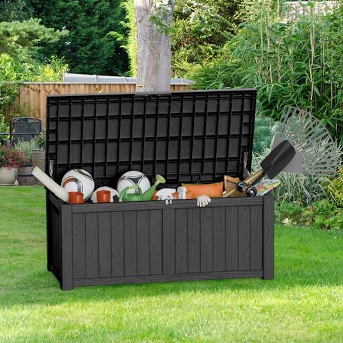 150 Gallon Outdoor Storage Box Waterproof Lockable Resin Deck Box Large, Patio Storage Bin for Pool Accessories Cushion Furniture, Garden Tools, UV-Resistant Outside Delivery Black