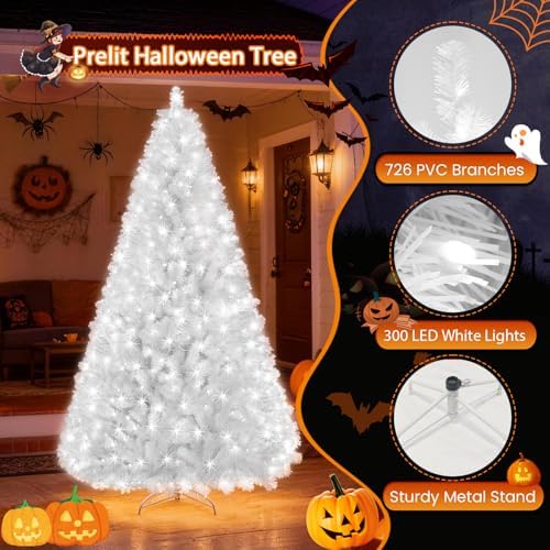 Prelit White Christmas Tree 6ft - White Halloween Tree with 300 LED Lights, 726 PVC Branches, Halloween & Xmas Tree for Holiday Decorations, Metal Stand and Hinged Branches