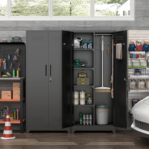 72.8" H Metal Broom Closet Storage Cabinet, Garage Storage Cabinet with Pegboard & Hanging Rod Hooks, Tall Storage Cabinet for Garage, Laundry Room, Black