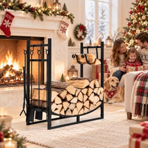 Tangkula 30'' Firewood Log Rack with 4 Tools Set for Indoor & Outdoor