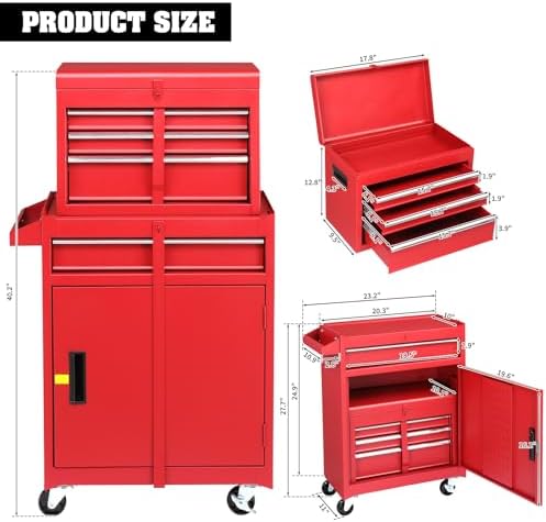 Winado 4-Drawer Rolling Tool Chest, 2-in-1 Large Storage Toolbox, Red