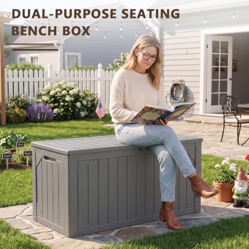100 Gallon Outdoor Storage Box, Waterproof Large Resin Deck Box Lockable, Outside Storage Bin for Backyard Porch Patio Furniture Garden Tools, Grey