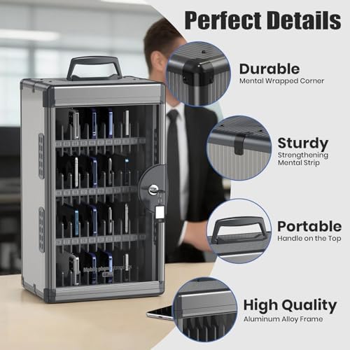 48 Slots Cell Phone Locker for Classroom with Key, Portable Mobile Phone Storage Box with Handle & Charging Hole, Phone Lock Box Wall Mounted for School (Black, 48 Slots)