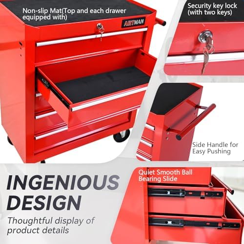5 Drawers Rolling Tool Chest on Wheels, Multifunctional Tool Cart Tool Storage, Drawers Rolling Tool Trolley Organizer Tool Case for Garage,Warehouse,Workshop,Repair Shop (5 Drawers-Red)