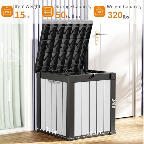 PatioZen 50 Gallon Resin Deck Box, Lockable Patio Outdoor Storage Box for Furniture, Garden Tools and Tools Storage, Waterproof Outside Storage Boxes - Black&White