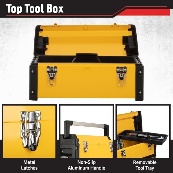 stalwart stackable rolling tool box with wheels, yellow, close-up detail