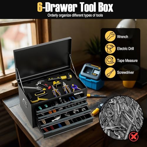 Tool Box, 6-Drawer Steel Tool Chest with Top Storage Automatic Lock & EVA Liner, Portable Tool Storage Organizer for Repair Shop Garage Warehouse (Black)