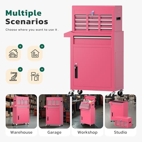 Greenvelly 5-Drawer Tool Chest with Wheels, Pre-Assembled Rolling Tool Chest, Detachable Top Tool Box, Lockable Design, Comes with Drawer Liners & Side Hooks for Garage Workshop Repair Room (Pink)