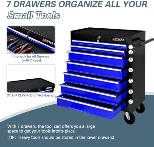 7 Drawers Rolling Tool Chest on Wheels, Multifunctional Tool Cart Tool Storage, Drawers Rolling Tool Trolley Organizer Tool Case for Garage,Warehouse,Workshop,Repair Shop (7 Drawers-Black&Blue)